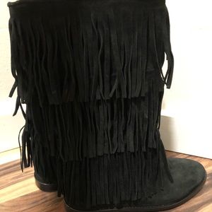 Alice + Olivia Panumas Fringe Black Leather Booties size 37.5 Women’s